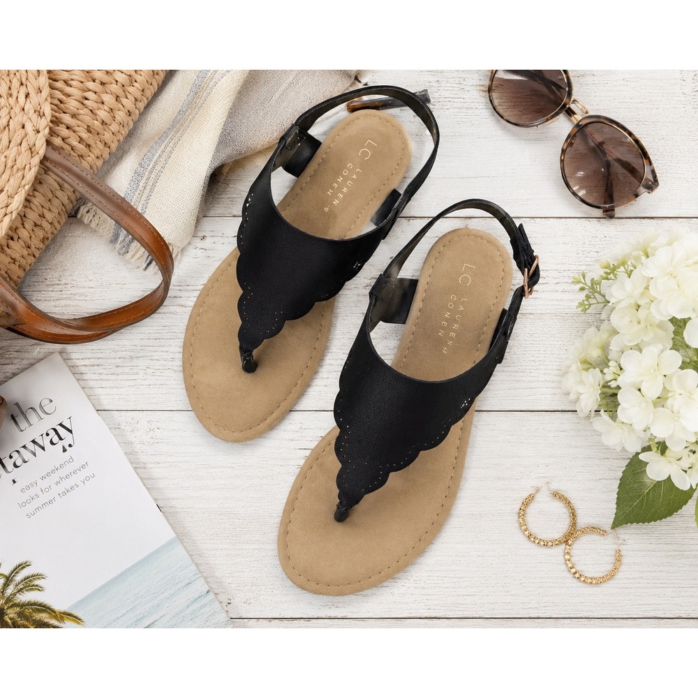 LC Lauren Conrad Camille Black Scalloped Thong Slingback Sandals Women's M 7/8